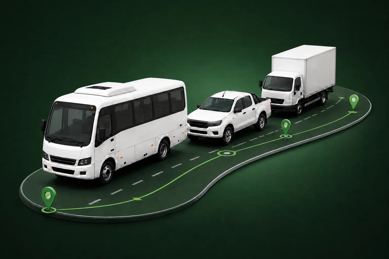 Ônibus, caminhonete e caminhão representando a frota Transsouza